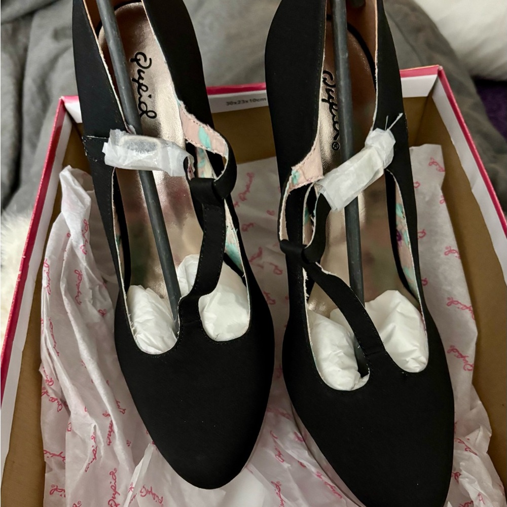Qupid Black Chiffon Shoes w clear wedge.
